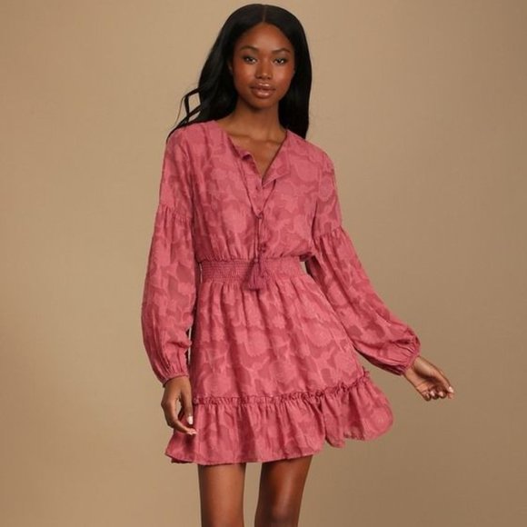 Lulu's Keeper of Hearts Marsala Burnout Floral Ruffled Mini Dress - Picture 1 of 7